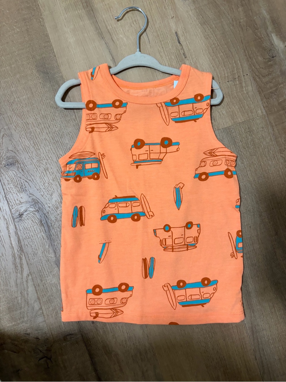 Orange Kids Tank with Blue & Brown Camper Print